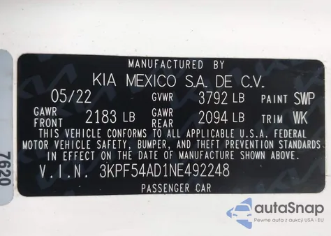 2022 Kia Forte Gt-Line из США, поврежденный, VIN 3KPF54AD1NE492248